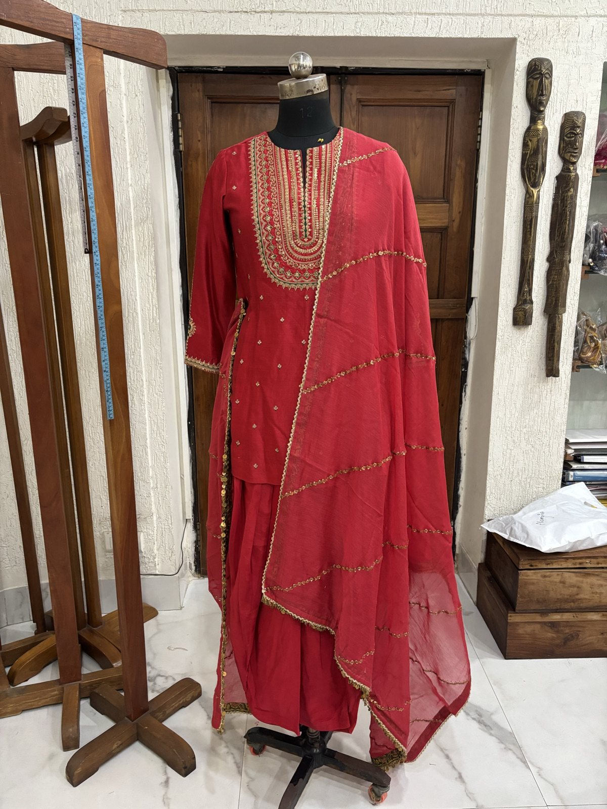 Red Kurta with Dhoti Salwar & Dupatta