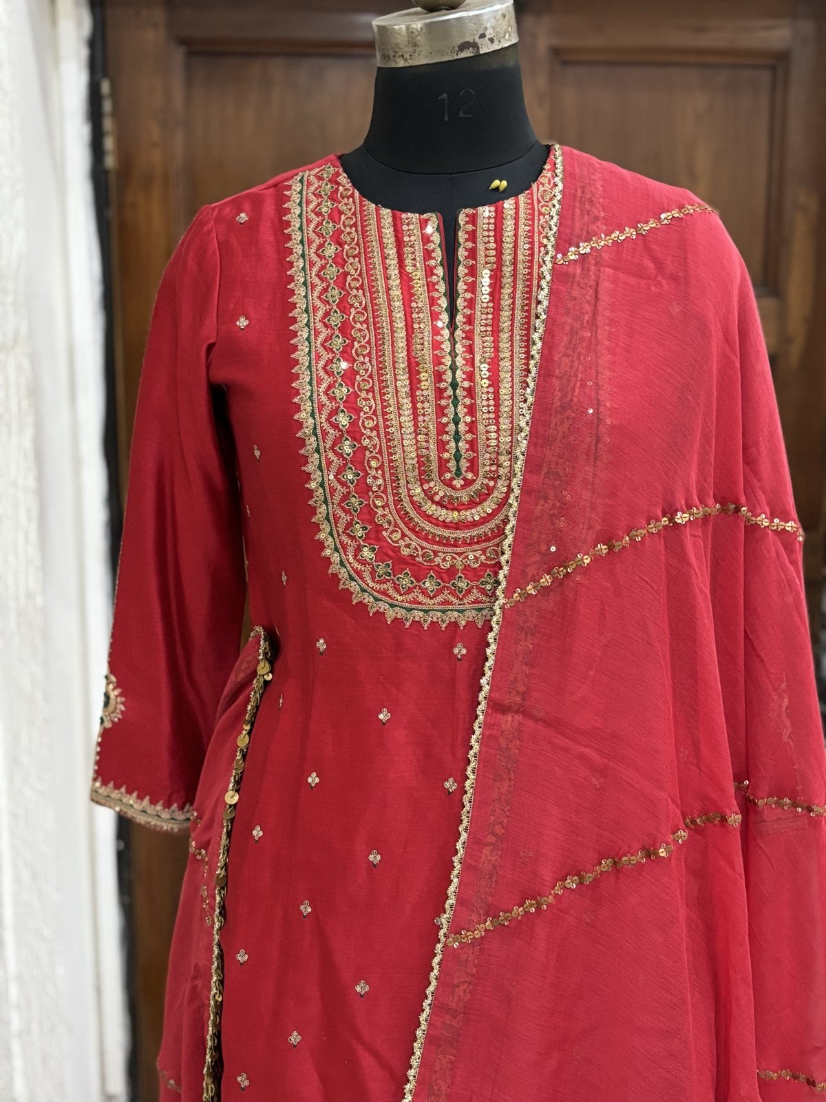 Red Kurta with Dhoti Salwar & Dupatta