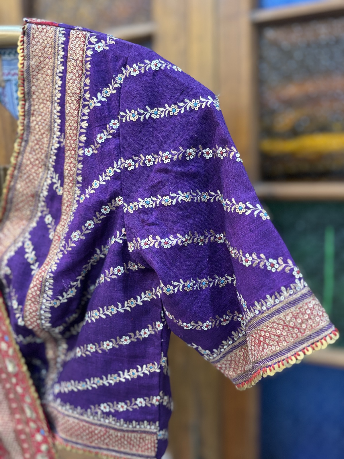 Red Saree with Violet Bandhani Blouse - view 3