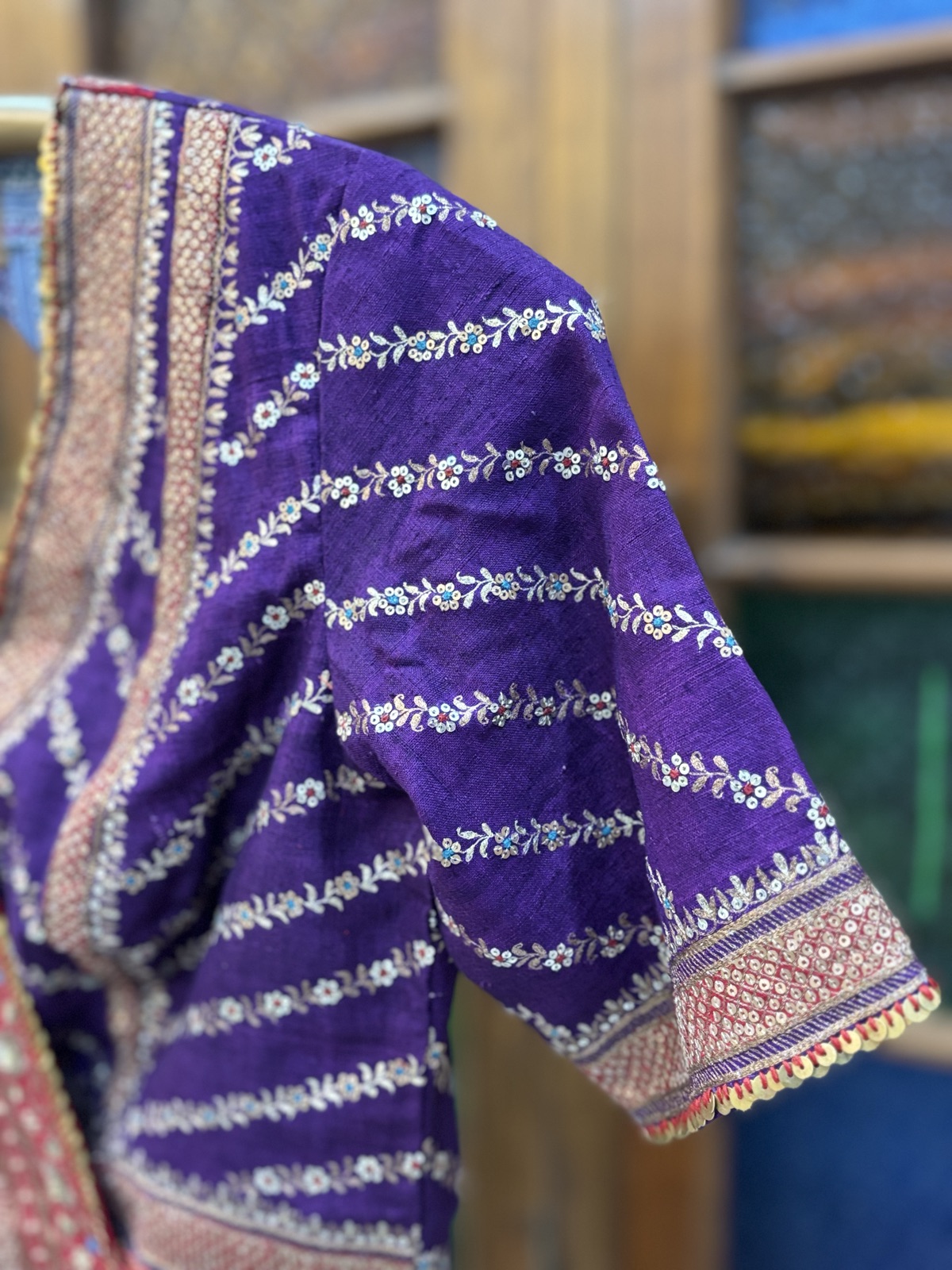 Red Saree with Violet Bandhani Blouse - view 4