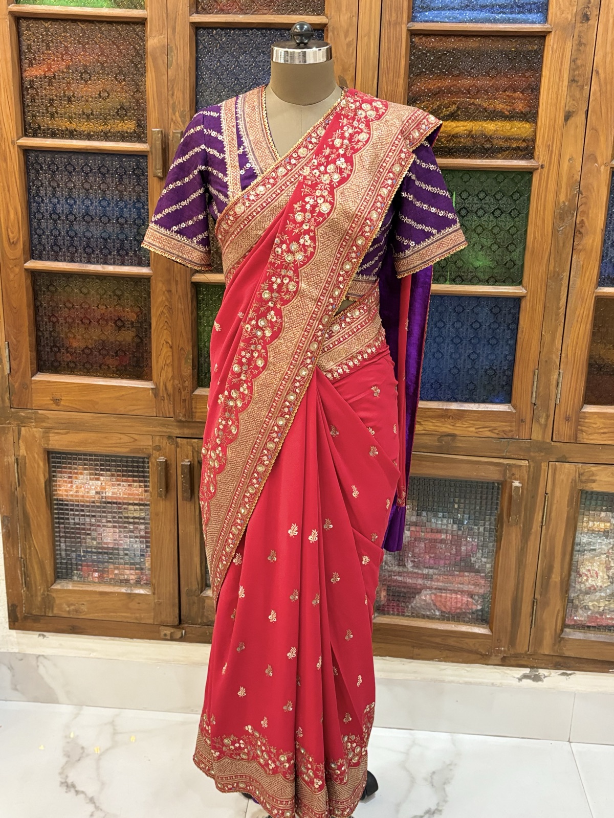 Red Saree with Violet Bandhani Blouse - view 7
