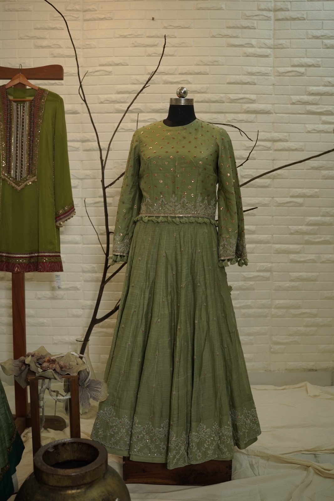 Sage Green Embroidered Top with Flared Skirt