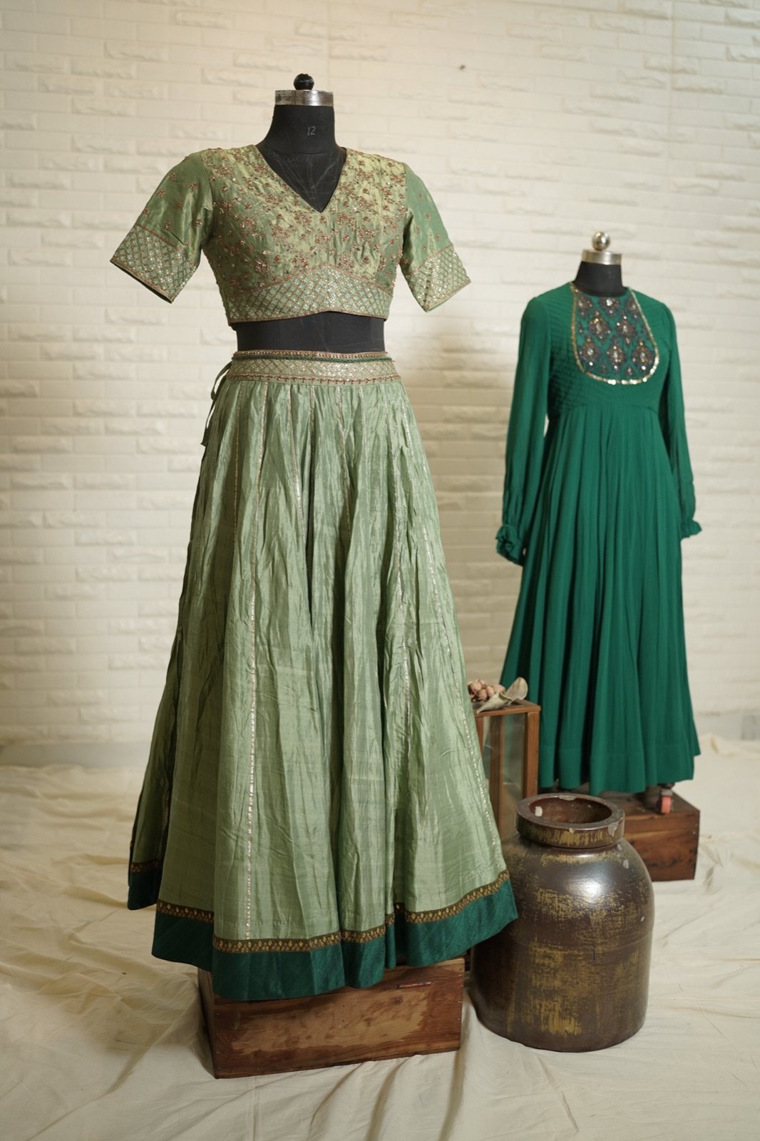 Sage Green Tissue Lehenga with Embroidered Blouse