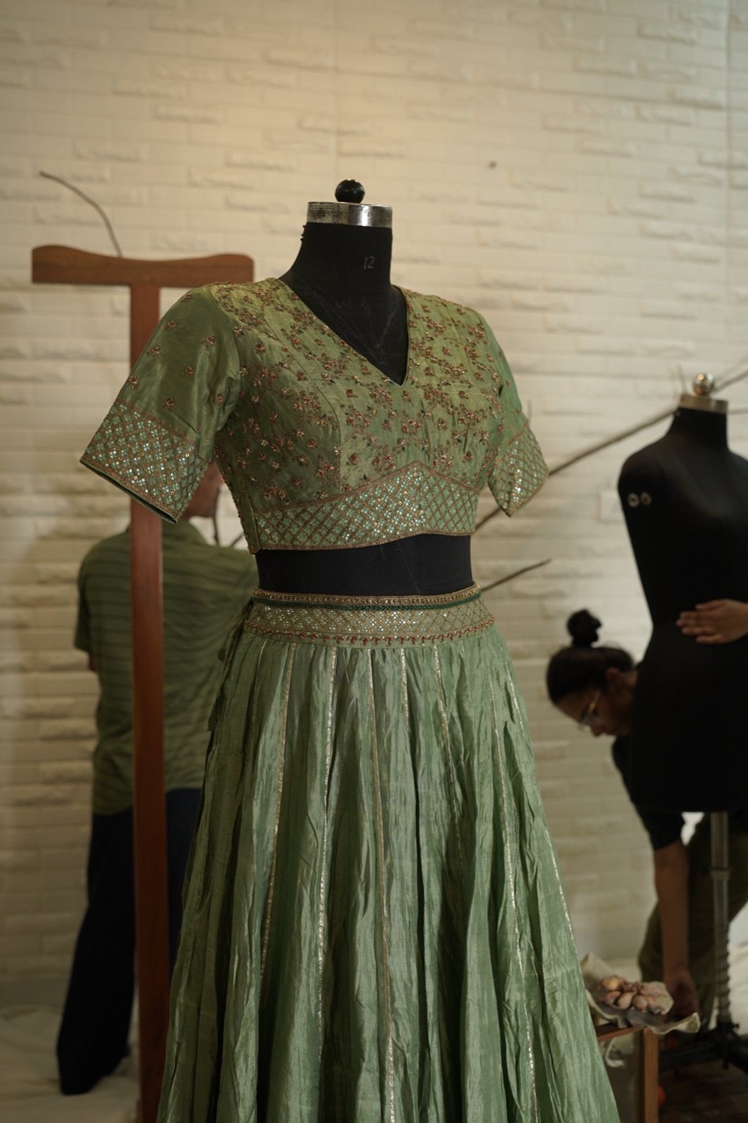 Sage Green Tissue Lehenga with Embroidered Blouse - view 5