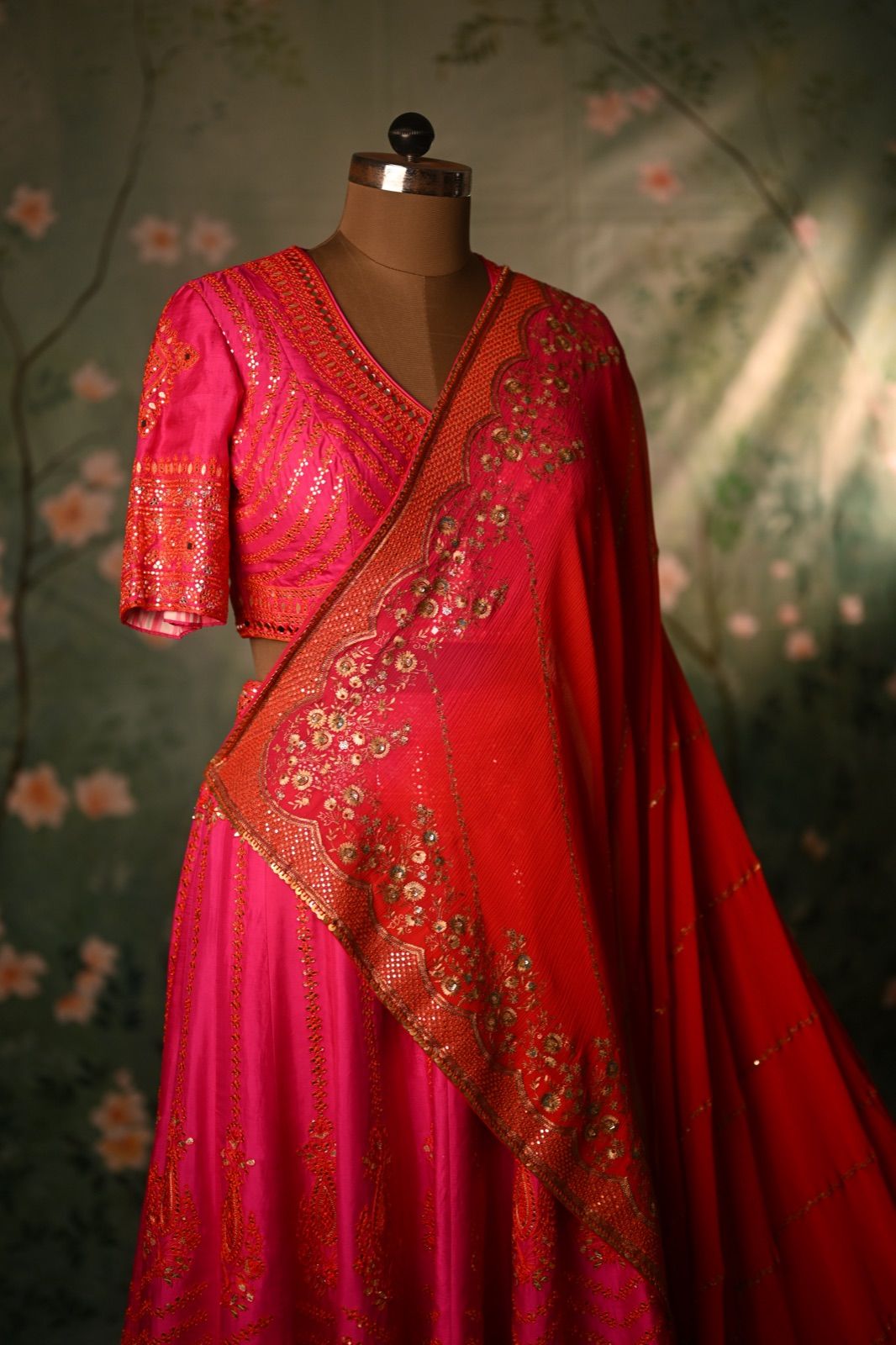 Coral Red Ombré Saree with Embroidered Pallu - view 5
