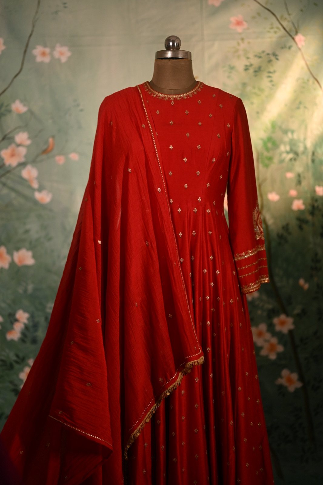Scarlet Anarkali with Gold Buti & Dupatta