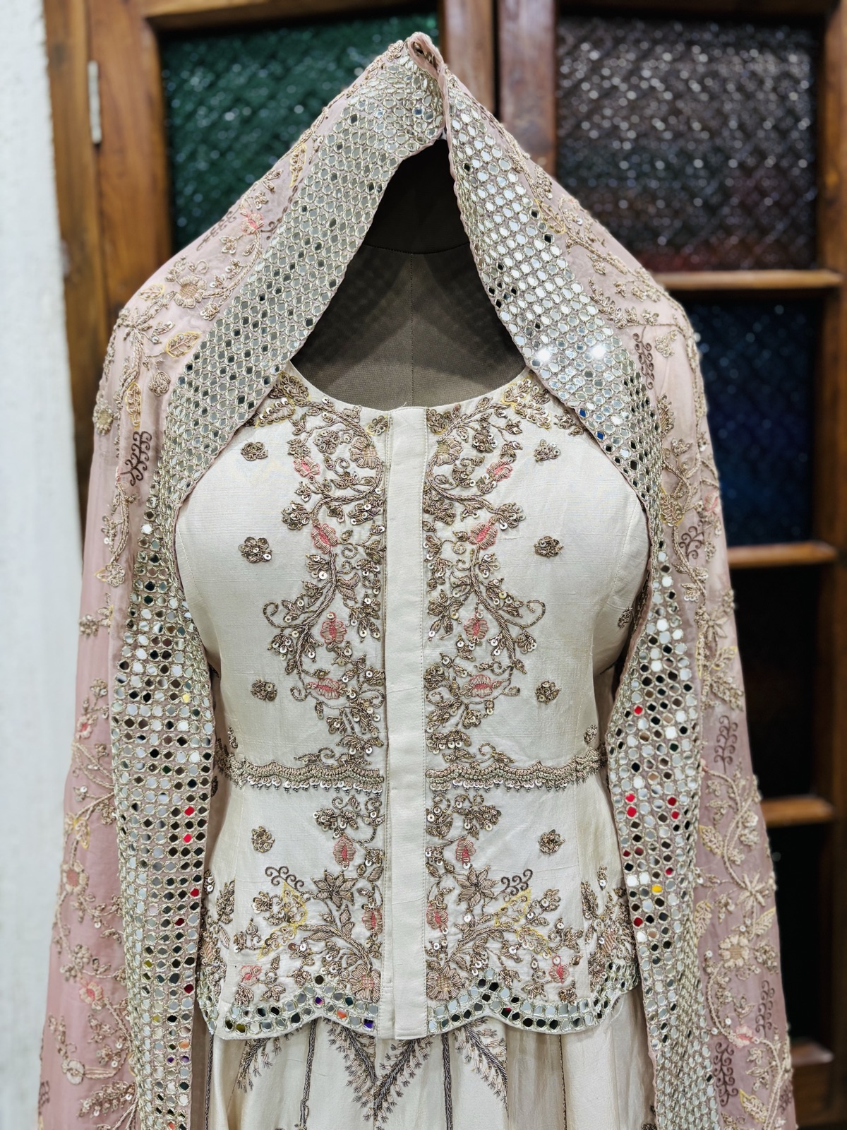 Ivory Mirror-Work Lehenga with Pink Dupatta