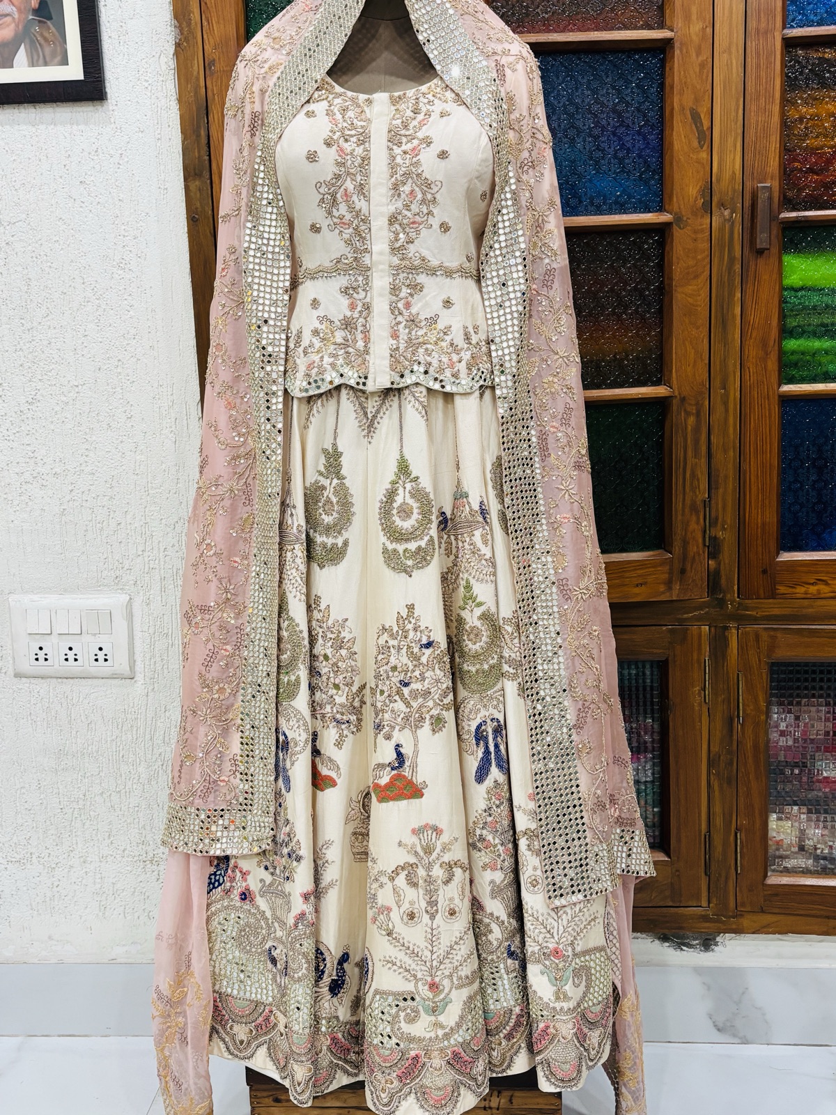 Ivory Mirror-Work Lehenga with Pink Dupatta - view 8