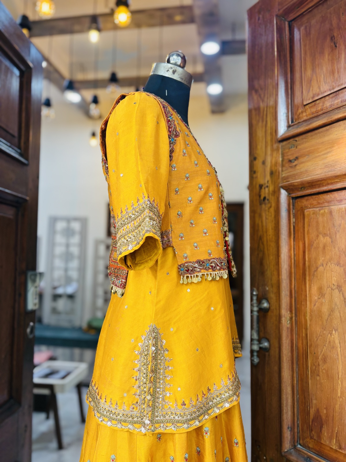 Mustard Ghagra with Embroidered Jacket & Mint Dupatta - view 3