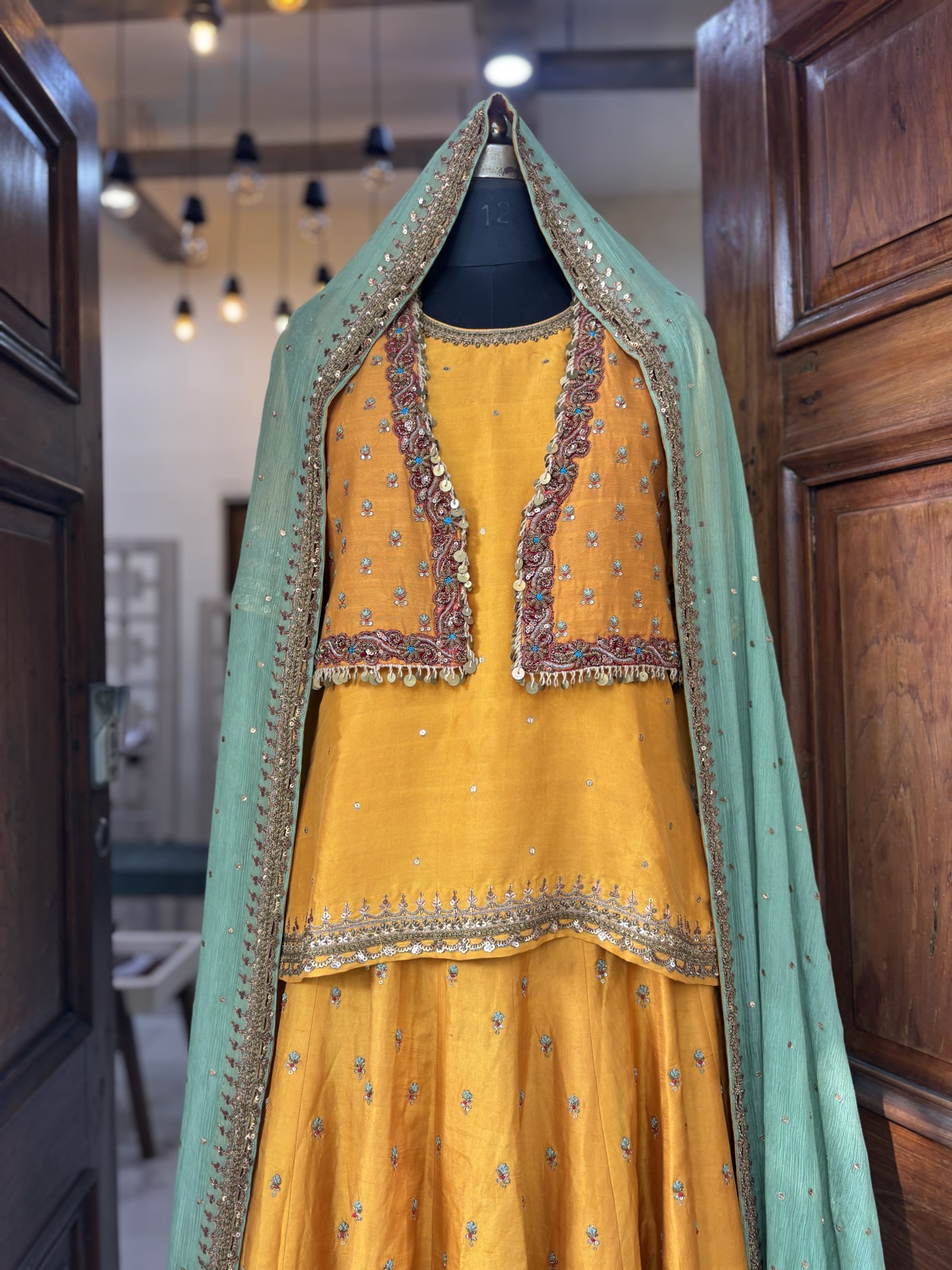 Mustard Ghagra with Embroidered Jacket & Mint Dupatta - view 4
