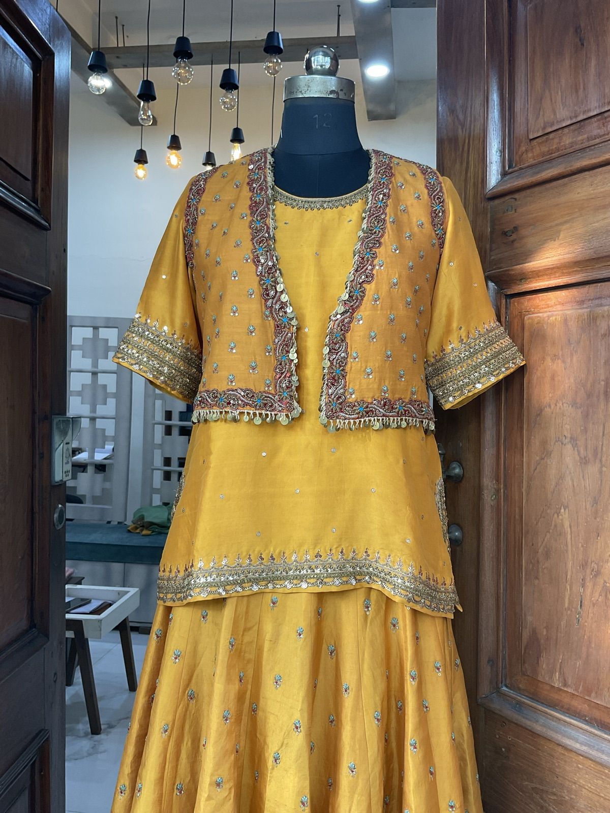 Mustard Ghagra with Embroidered Jacket & Mint Dupatta - view 5