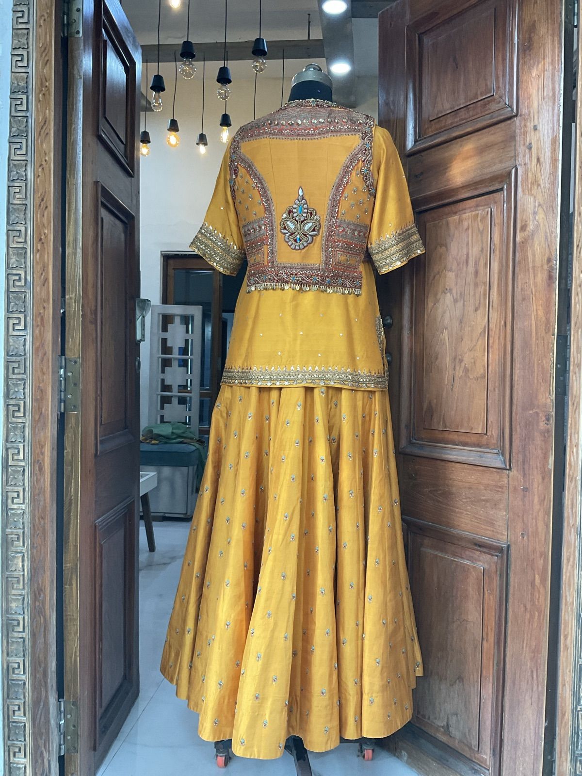 Mustard Ghagra with Embroidered Jacket & Mint Dupatta - view 6