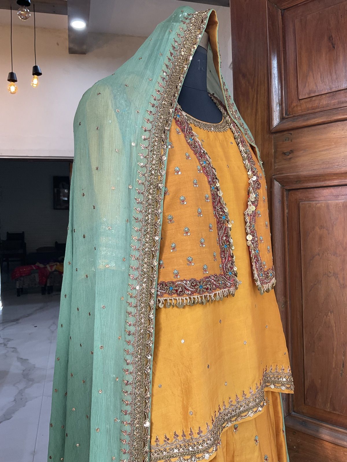 Mustard Ghagra with Embroidered Jacket & Mint Dupatta - view 8