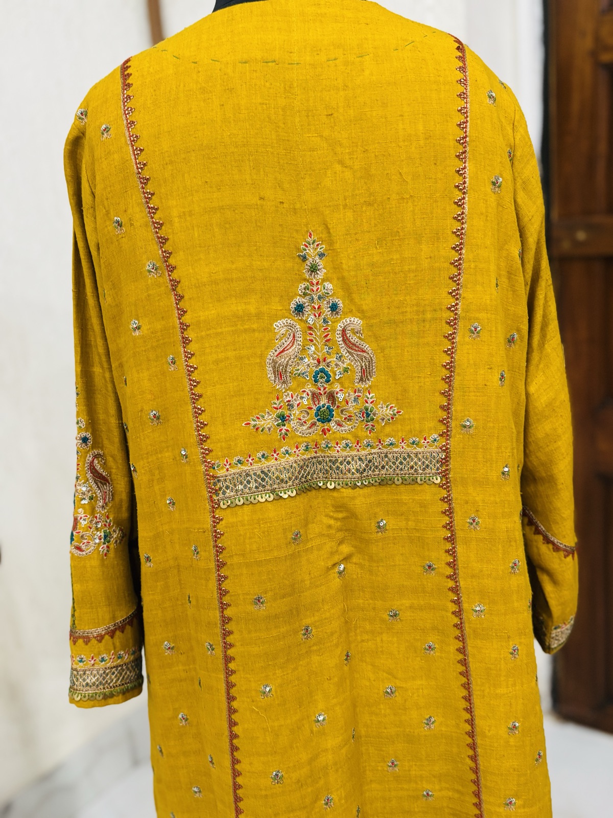Ochre Handloom Kurta with Peacock Embroidery